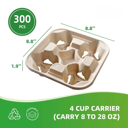 Pulp Fiber 4 Cup Carrier for 8 to 28 oz. Cups - (300/Case)