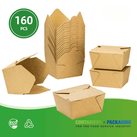 #4 Kraft Microwavable Folded Paper Take-Out Containers 8.6" x 6.4" x 3.5" - (160/Case)