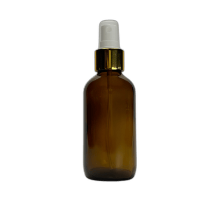 4 oz. (120 ml) Amber Boston Round Glass Bottle with White Fine Mist Sprayer, Gold Collar and Clear Overcap