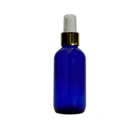 4 oz. (120 ml) Cobalt Blue Boston Round Glass Bottle with White Fine Mist Sprayer, Gold Collar and Clear Overcap