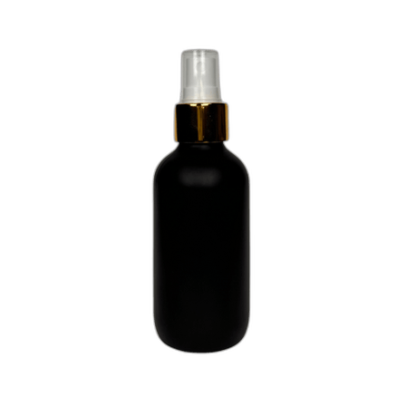 4 oz. (120 ml) Matte Black Boston Round Glass Bottle with White Fine Mist Sprayer, Gold Collar and Clear Overcap