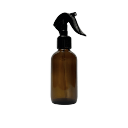 4 oz. (60 ml) Amber Boston Round Glass Bottle with Black Mini Trigger Sprayer
