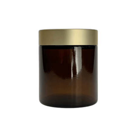 4 oz. Amber Glass 58-400 Straight Sided Round Jar with Brushed Gold lid and Sealing Disc Liner