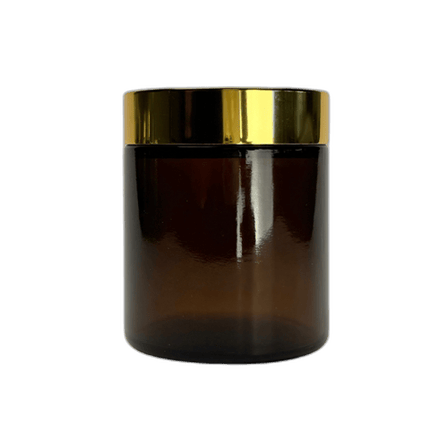 4 oz. Amber Glass 58-400 Straight Sided Round Jar with Gold Lid and Sealing Disc Liner