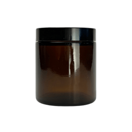 4 oz. Amber Glass 58-400 Straight Sided Round Jar with PP Black Lid and Sealing Disc Liner