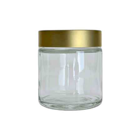 4 oz. Clear Glass 58-400 Straight Sided Round Jar with Brushed Gold lid and Sealing Disc Liner