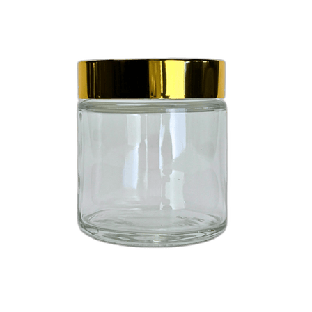 4 oz. Clear Glass 58-400 Straight Sided Round Jar with Gold Lid and Sealing Disc Liner