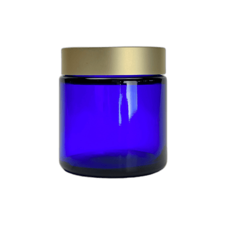 4 oz. Cobalt Blue Glass 58-400 Straight Sided Round Jar with Brushed Gold Lid and Sealing Disc