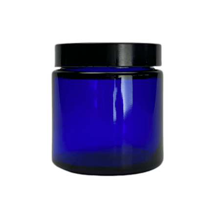4 oz. Cobalt Blue Glass 58-400 Straight Sided Round Jar with PP Black Lid and Sealing Disc Liner