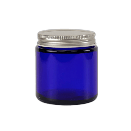 4 oz. Cobalt Blue Glass 58-400 Straight Sided Round Jar with Silver Metal Lid
