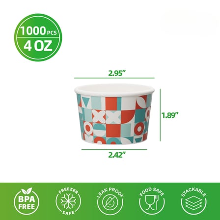 4 oz. Retro-inspired print paper frozen yogurt / food cup shown with dimensions