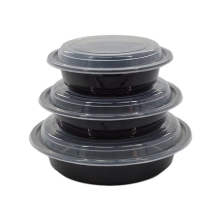 40 oz. Stackable black plastic round meal prep containers​ with clear lids.jpg