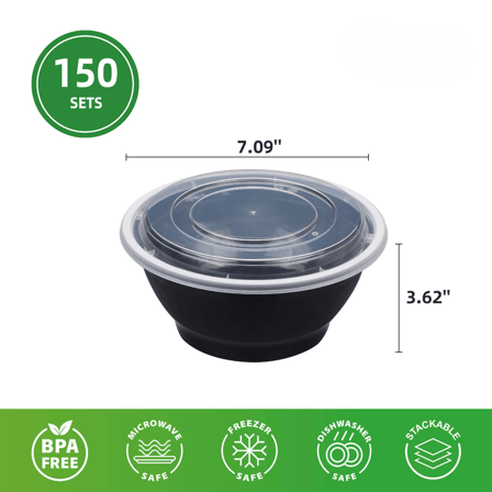 42 oz. Black Round Microwavable Heavy Weight Plastic Bowls with Lids - (150/Case)