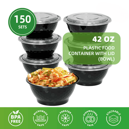 42 oz. Black Round Microwavable Heavy Weight Plastic Bowls with Lids - (150/Case)