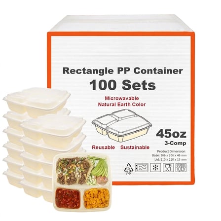 45 oz Beige Microwavable Rectangular PP Plastic Food Container with Clear Lid, 3-Compartment - (1-0/Case) - Image 1 of 6