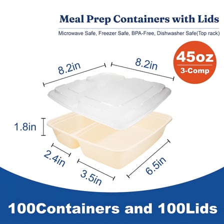 45 oz Beige Microwavable Rectangular PP Plastic Food Container with Clear Lid, 3-Compartment - (1-0/Case) - Thumbnail 2