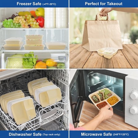 45 oz Beige Microwavable Rectangular PP Plastic Food Container with Clear Lid, 3-Compartment - (1-0/Case) - Thumbnail 3