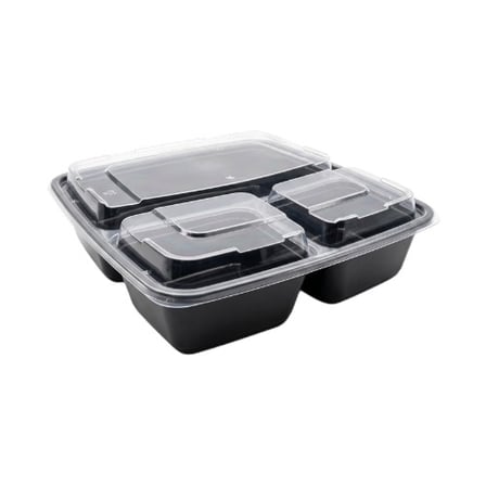 45 Ounces 3-Compartment Black Microwavable PP Plastic Rectangular Food Container with Clear Lid - (150Case).jpg