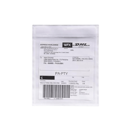A shipping label is inserted into a clear self-adhesive shipping label pouch