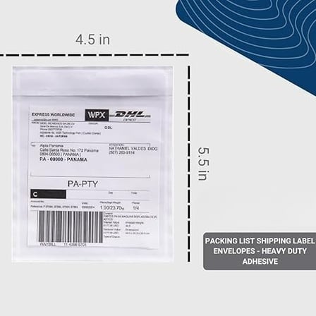 4.5" x 5.5" Clear shipping label pouch​ showing dimensions