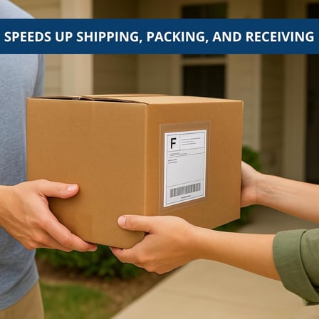 Package with attached 4.5" x 5.5" clear packing slip pouch