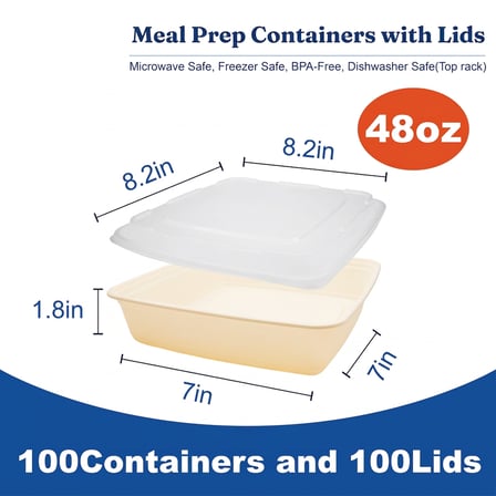 48 oz Beige Microwavable Square PP Plastic Food Container with Clear Lid - (100/Case) - Thumbnail 2