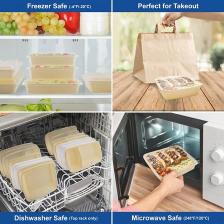 48 oz Beige Microwavable Square PP Plastic Food Container with Clear Lid - (100/Case) - Thumbnail 3