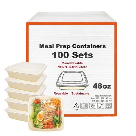 48 oz Beige Microwavable Square PP Plastic Food Container with Clear Lid - (100/Case) - Thumbnail 7
