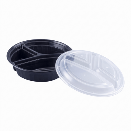 48 oz Black Microwavable Round PP Plastic Food Container with Clear Lid, 3-Compartment - (150/Case) - Image 1 of 1