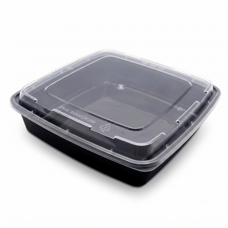 48 oz Black Microwavable Square PP Plastic Food Container with Clear Lid - (100/Case) - Image 1 of 1