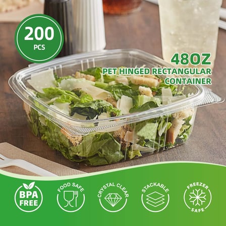 48 oz. Clear PET hinged deli container filled with caesar salad.jpg