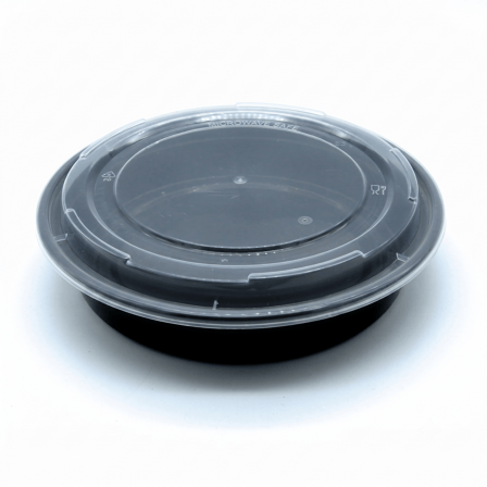 48 oz Heavy Duty Black Microwavable 9" Round PP Plastic Food Container with Clear Lid - (150/Case) - Image 1 of 1
