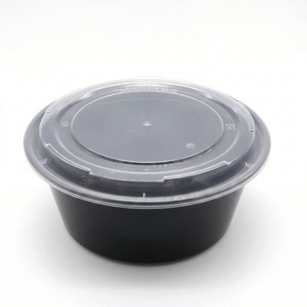 48 oz Heavy Duty Black Microwavable Round PP Plastic Food Container with Clear Lid - (150/Case) - Image 1 of 1