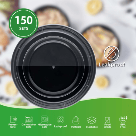 48 oz. Black Round Microwavable Heavy Weight Plastic Food Containers with Lids - (150/Case)
