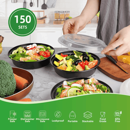 48 oz. Black Round Microwavable Heavy Weight Plastic Food Containers with Lids - (150/Case)