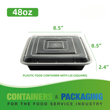 48 oz. Black Square Microwavable Heavy Weight Plastic Food Containers with Lids - (150/Case)