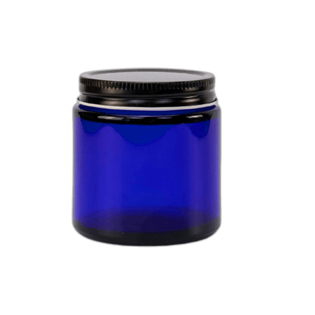 4oz. Cobalt Blue Glass 58-400 Straight Sided Round Jar with Black Metal Lid - (24/Case)