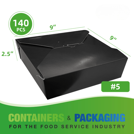 #5 Black Microwavable Folded Paper Take-Out Containers 9" x 9" x 2.5" - (140/Case)