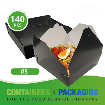#5 Black Microwavable Folded Paper Take-Out Containers 9" x 9" x 2.5" - (140/Case)