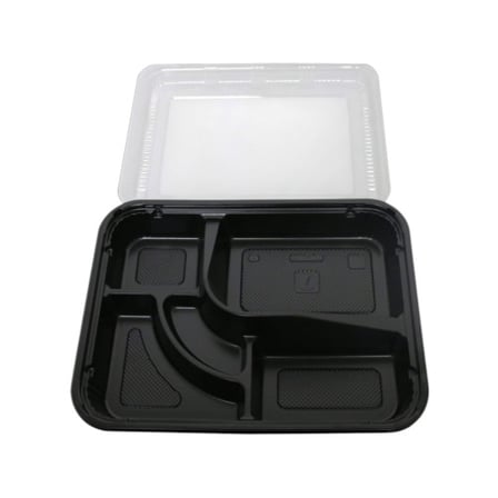 5-Compartment Black PS Plastic Bento Box with Clear Lid.jpg