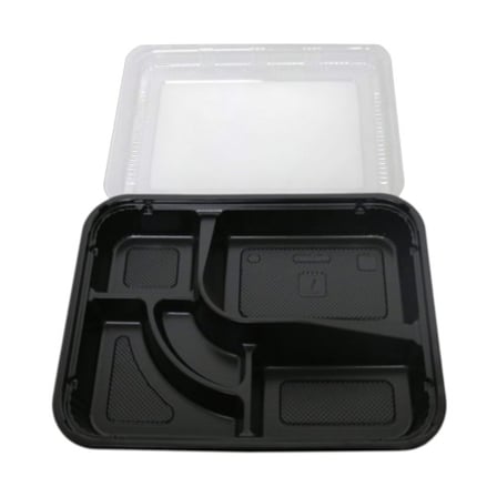 5-Compartment Black PS Plastic Bento Box with Clear Lid..jpg