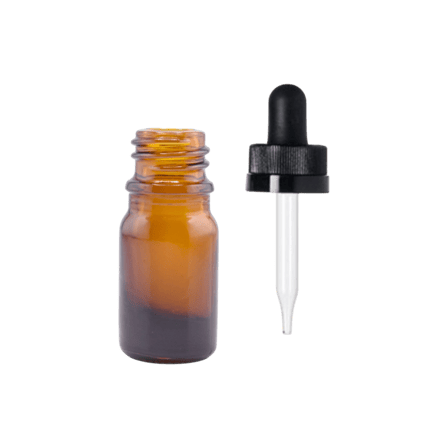 5 ml Amber Euro Round Glass Bottle with 18-400 Black CRC Dropper - Straight-Tip Glass Pipette
