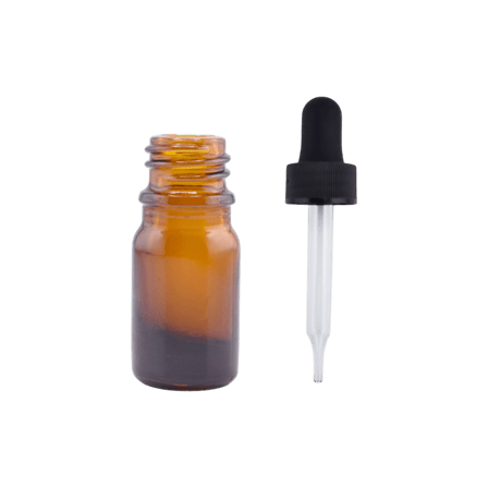 5 ml Amber Euro Round Glass Bottle with 18-400 Black Non-CRC Dropper - Straight-Tip Glass Pipette