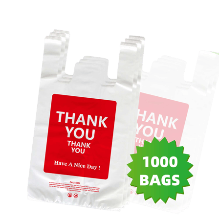 #5 White Plastic T-Shirt Bags 17 Mic "Thank You" Print 12"× 7"× 22" - (1000/Case)