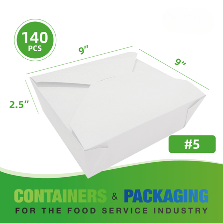#5 White Microwavable Folded Paper Take-Out Containers 9" x 9" x 2.5" - (140/Case)