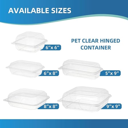 Multiple sizes of clear PET plastic hinged containers.jpg