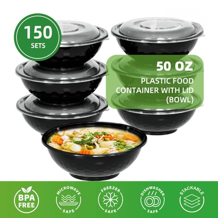 50 oz. Black Round Microwavable Heavy Weight Plastic Bowls with Lids - (150/Case)