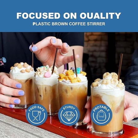 People enjoying iced coffee topped with whipped cream and cereal, stirred with 5.25 brown plastic coffee stirrers.jpg