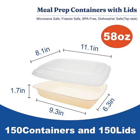 58 oz Beige Microwavable Rectangular PP Plastic Food Container with Clear Lid - (150/Case) - Thumbnail 2