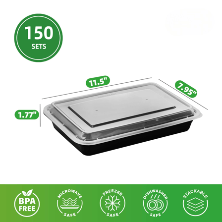 58 oz. Black Rectangular Microwavable Heavy Weight Plastic Food Containers with Lids - (150/Case)